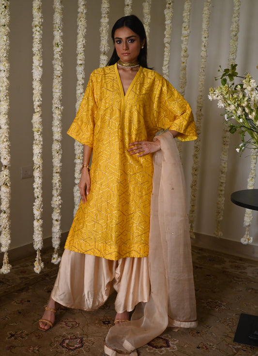 Jodhpur Kaftan in Yellow Octa with Cowl Palazzo