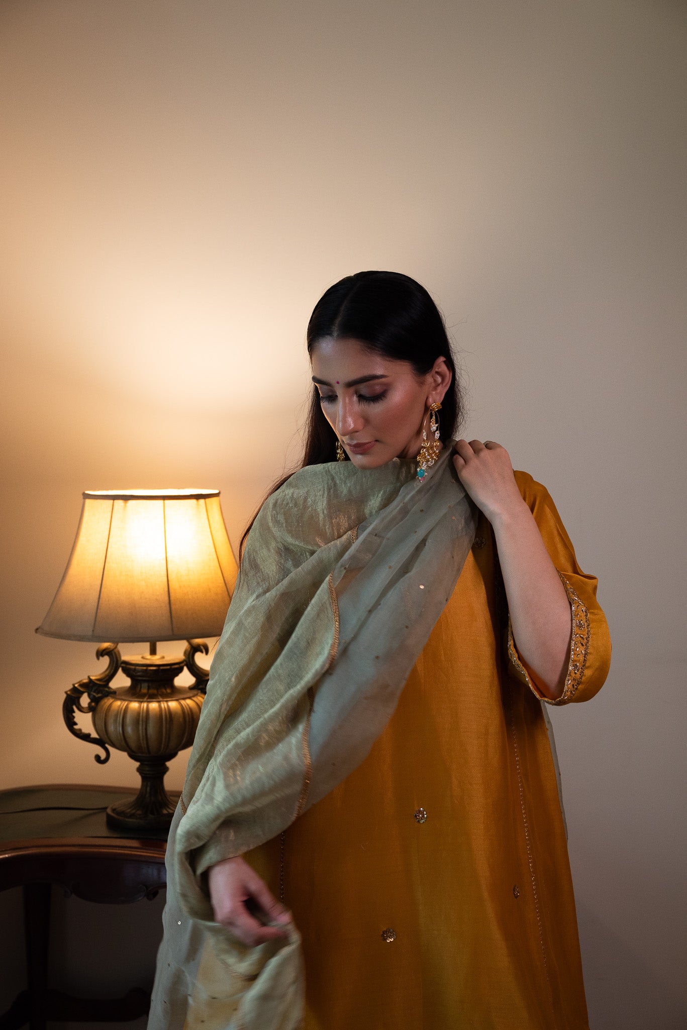 Nur jahan Sage Green Sati And Organza Dupatta
