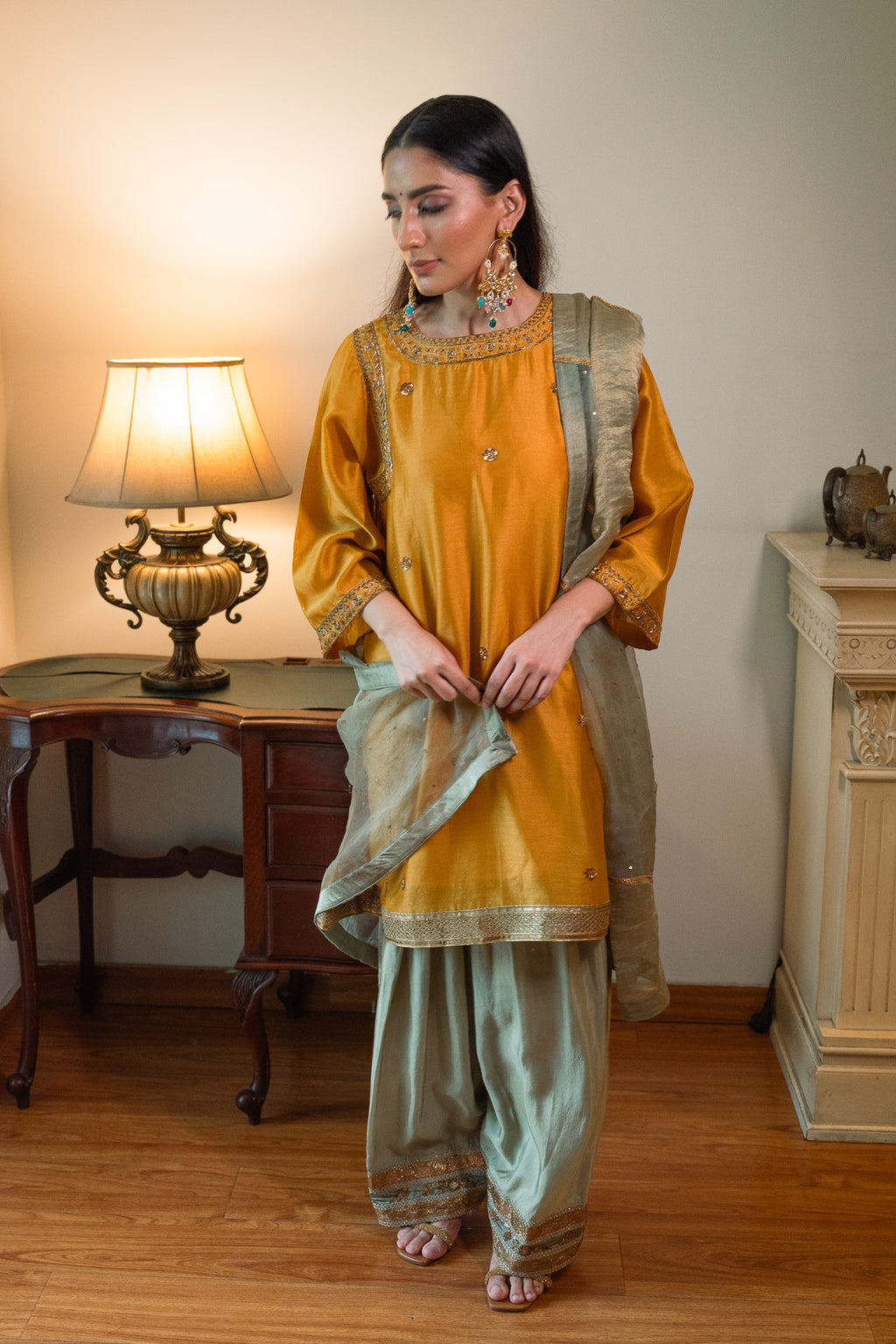 Sufi Choga in Yellow Chanderi with Pista Green Paki Salwar