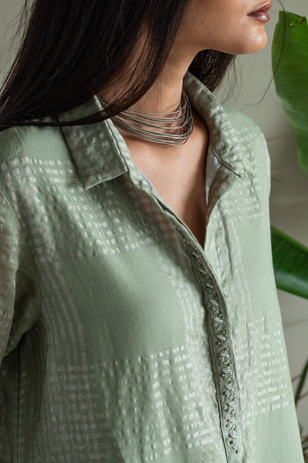 Shirt Kurta In Green Zari Jamdani Checks Muslin With Pants
