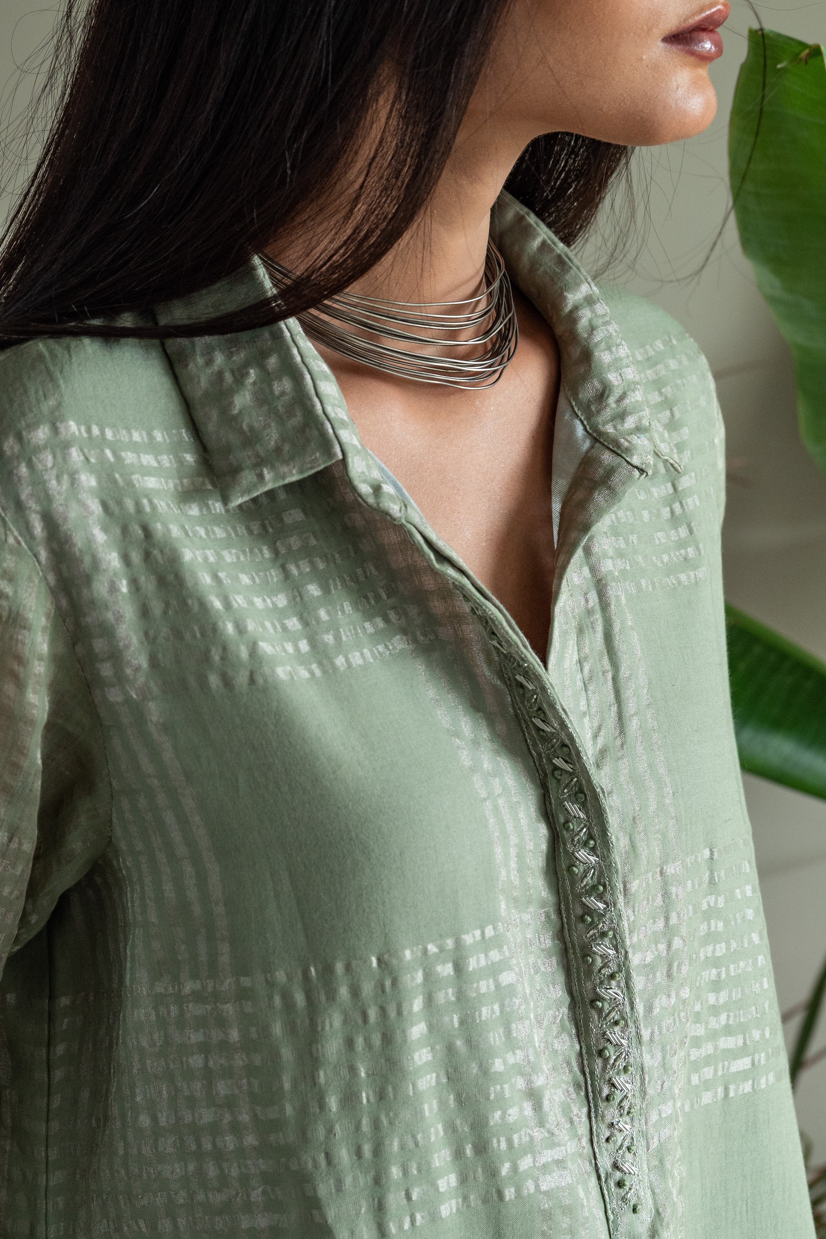 Shirt Kurta In Green Zari Jamdani Checks Muslin With Pants