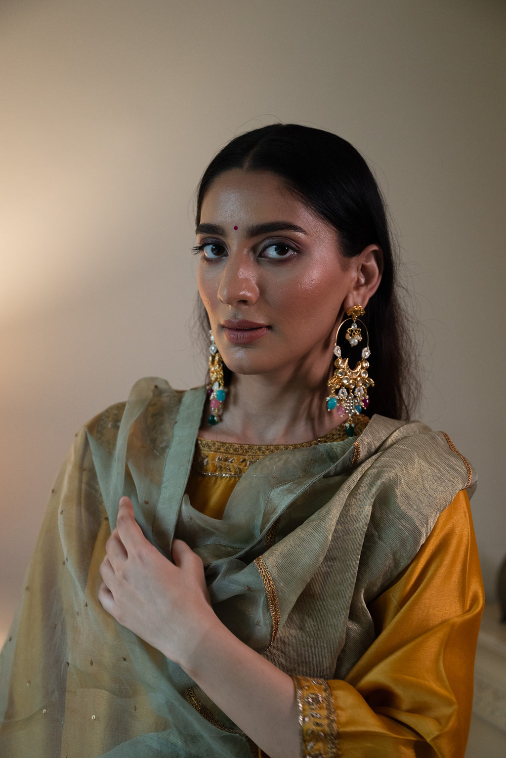 Nur jahan Sage Green Sati And Organza Dupatta