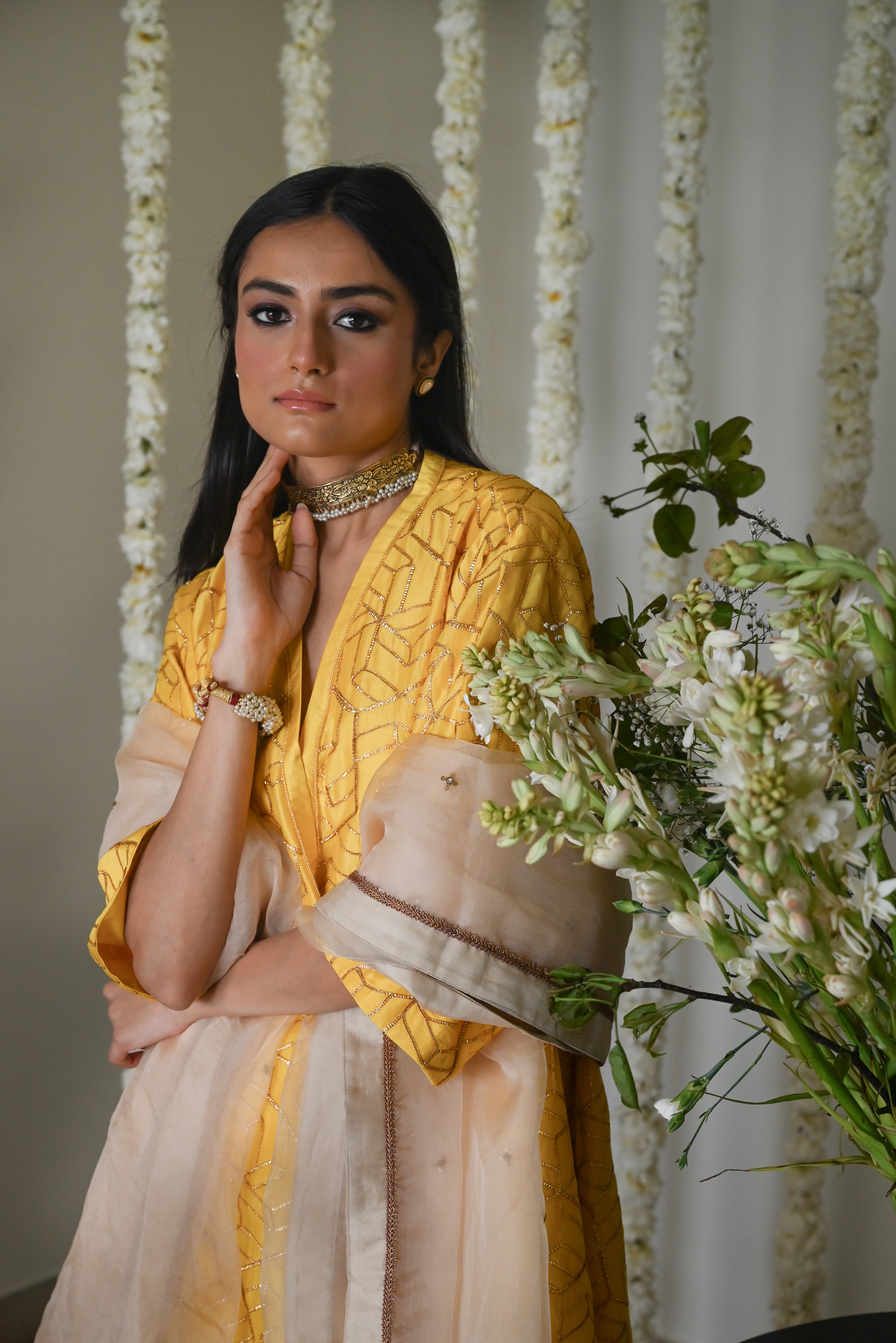 Jodhpur Kaftan in Yellow Octa with Cowl Palazzo