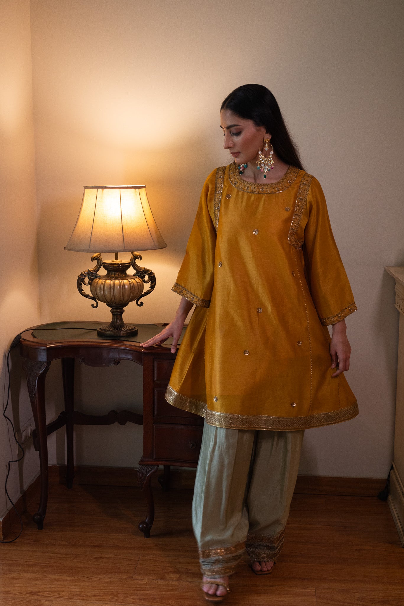 Sufi Choga in Yellow Chanderi with Pista Green Paki Salwar
