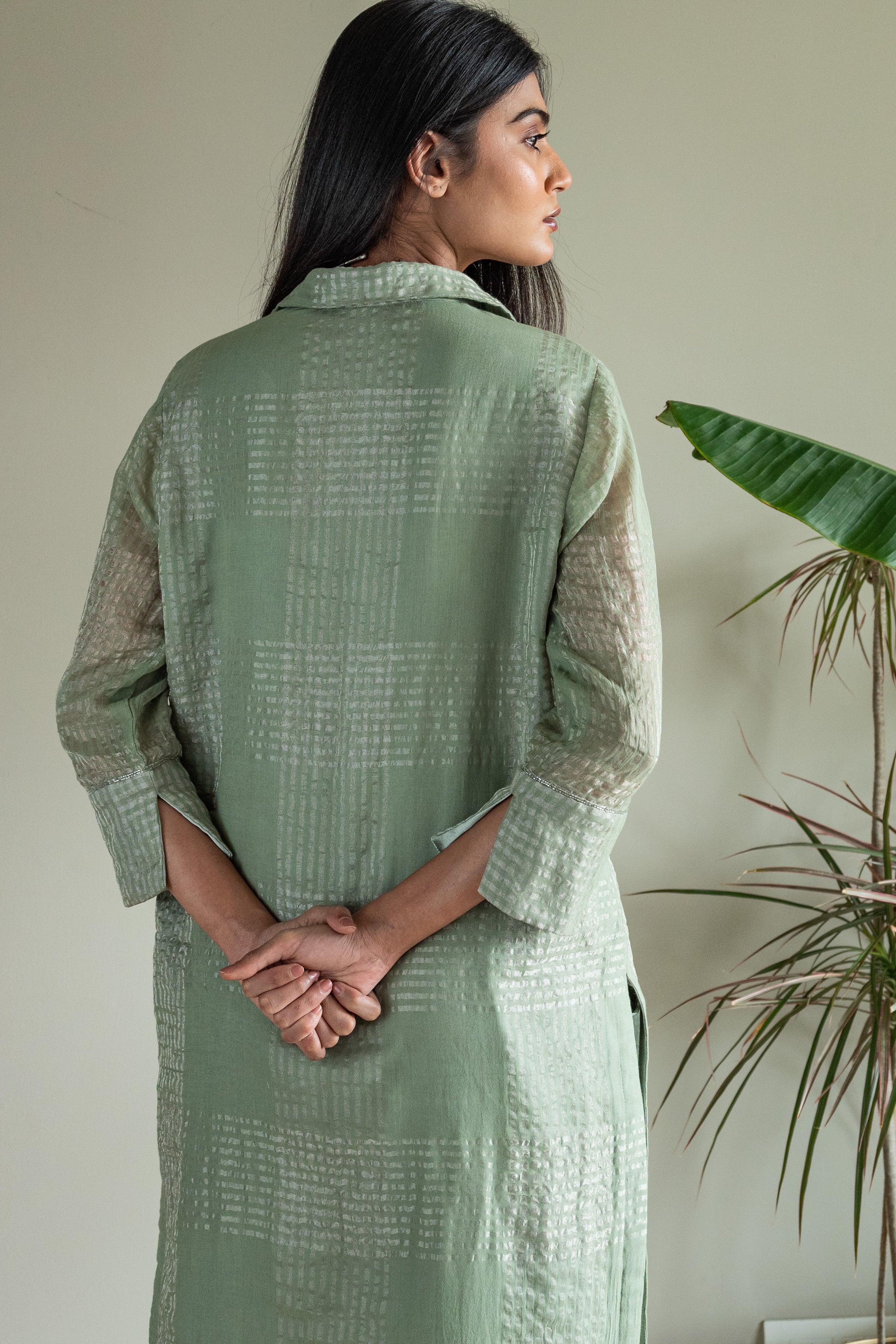 Shirt Kurta In Green Zari Jamdani Checks Muslin With Pants