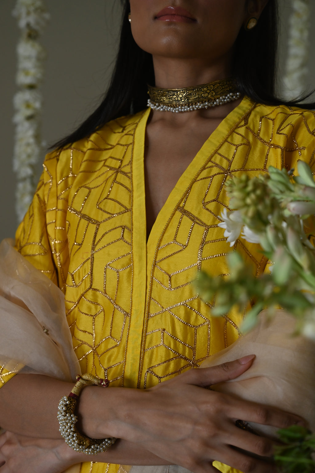 Jodhpur Kaftan in Yellow Octa with Cowl Palazzo