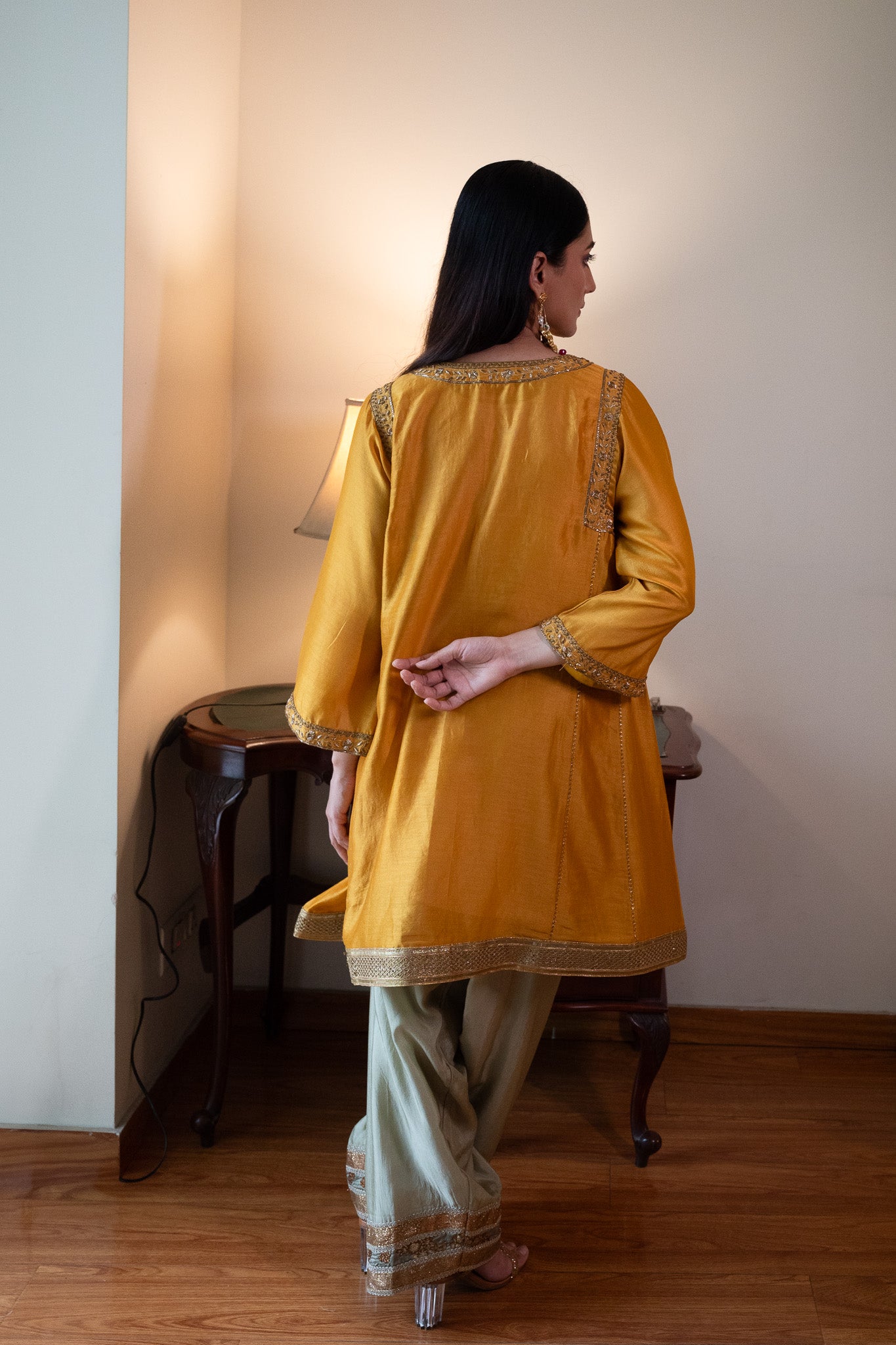 Sufi Choga in Yellow Chanderi with Pista Green Paki Salwar