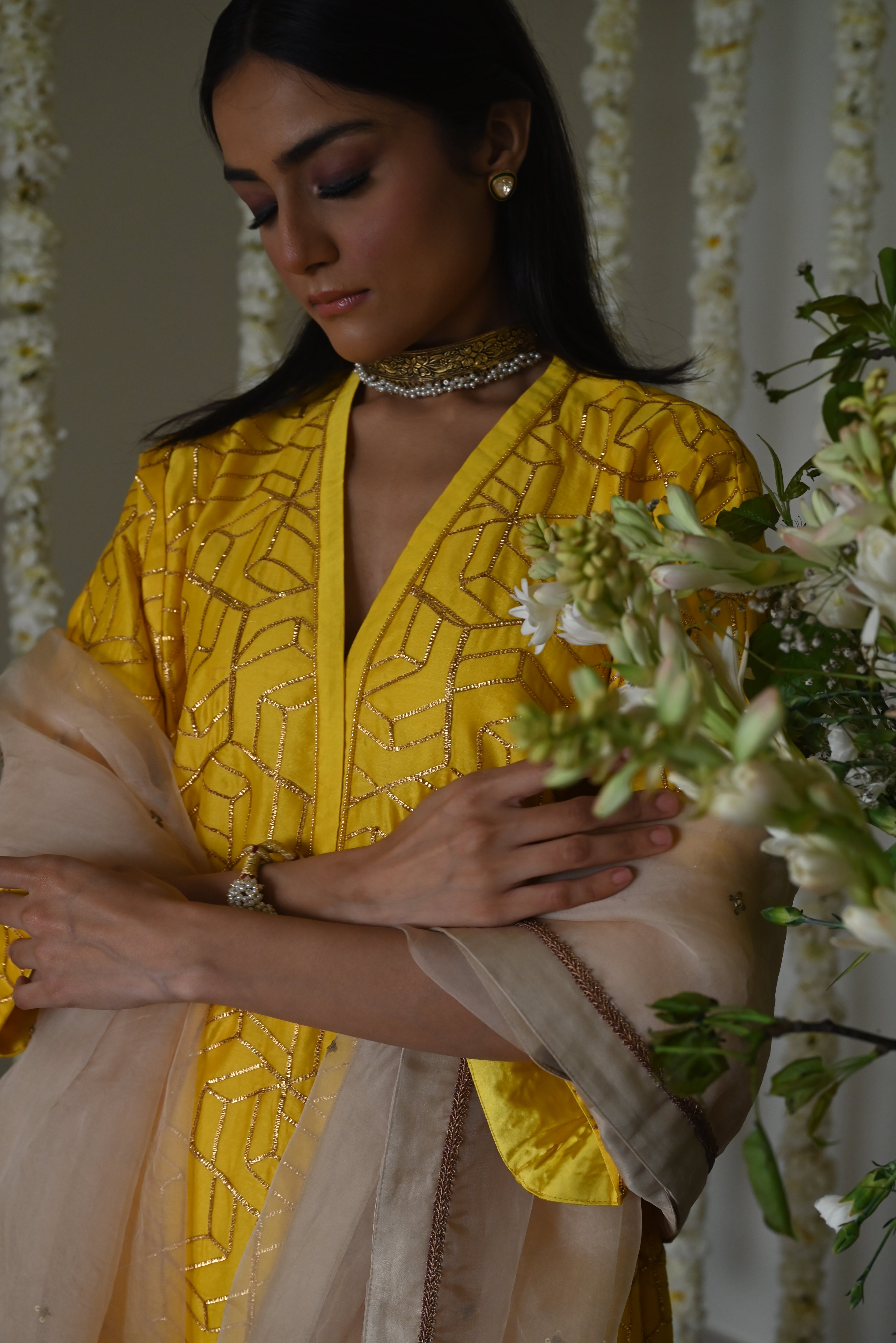 Jodhpur Kaftan in Yellow Octa with Cowl Palazzo
