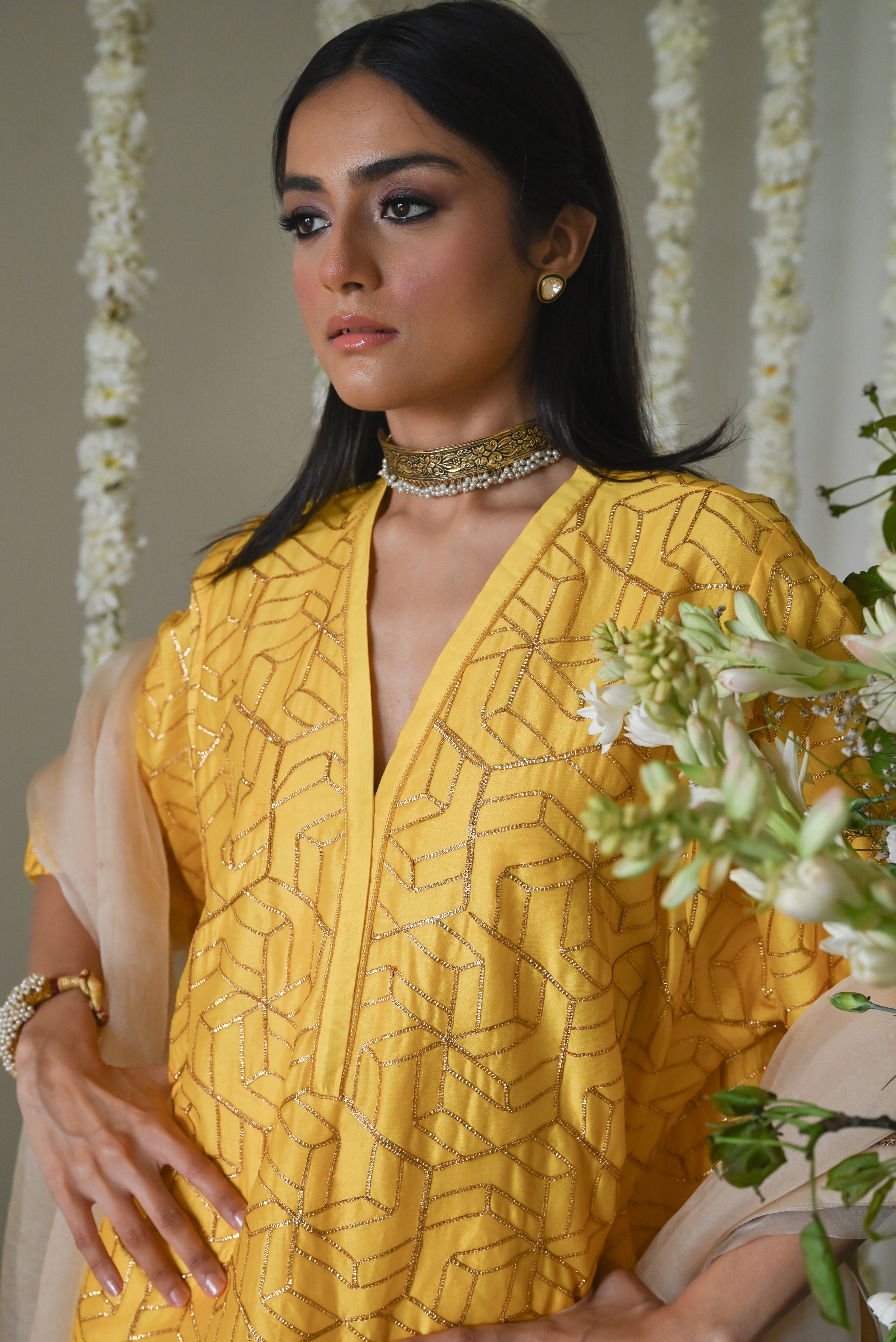 Jodhpur Kaftan in Yellow Octa with Cowl Palazzo