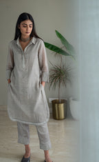 Shirt Kurta In Taupe Zari Jamdani Checks Muslin With Pants