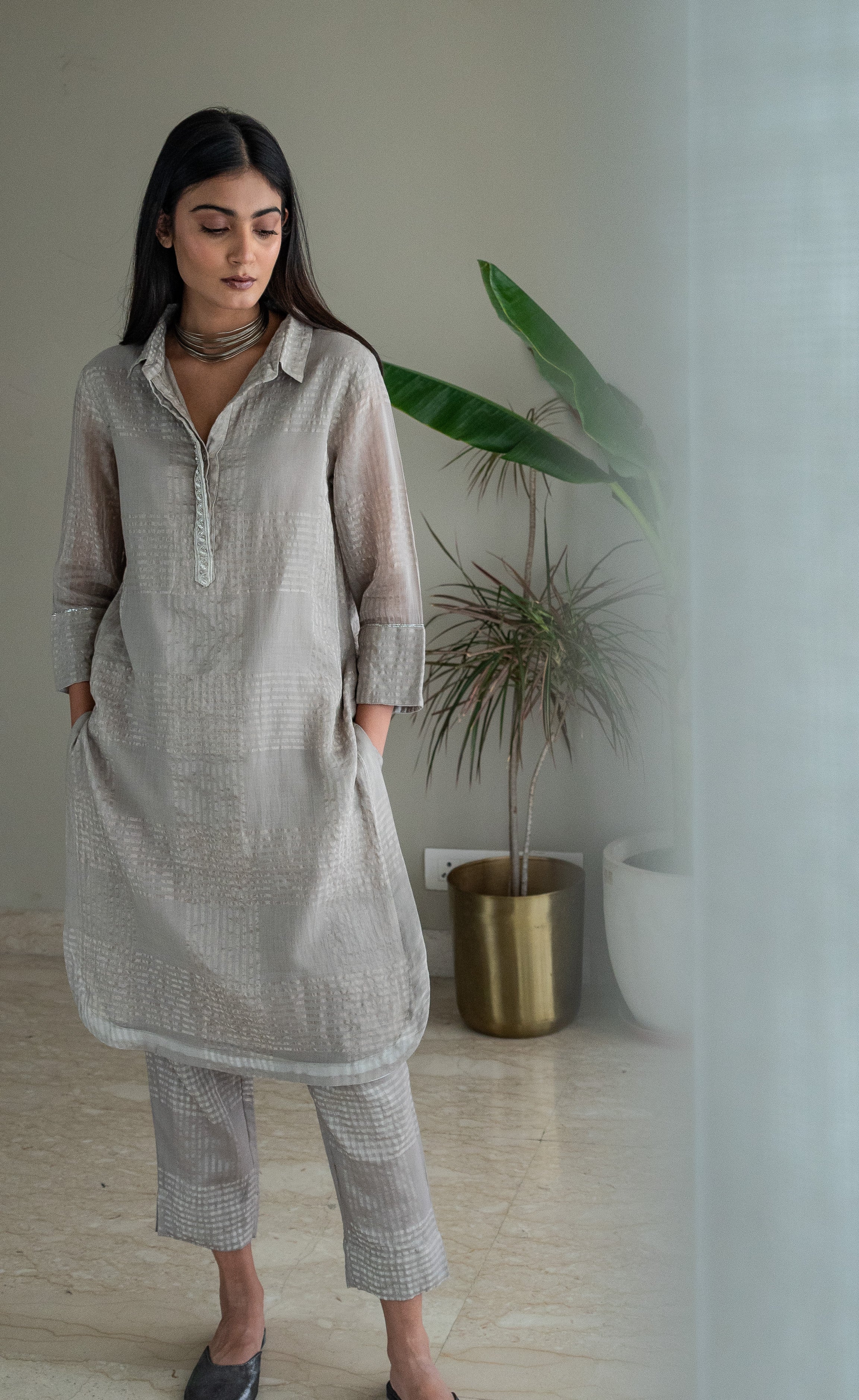 Shirt Kurta In Taupe Zari Jamdani Checks Muslin With Pants