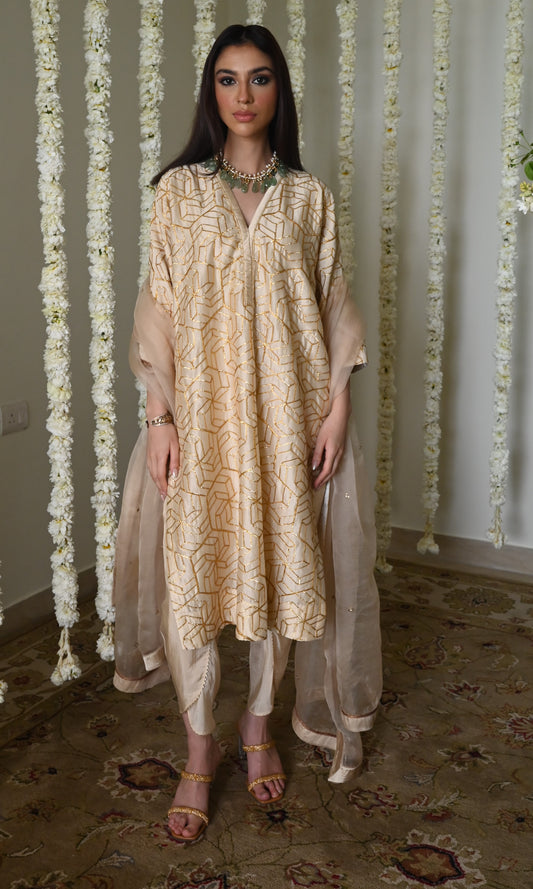 Jodhpur Kaftan in Deep Ivory Octa with Nandini Dhoti