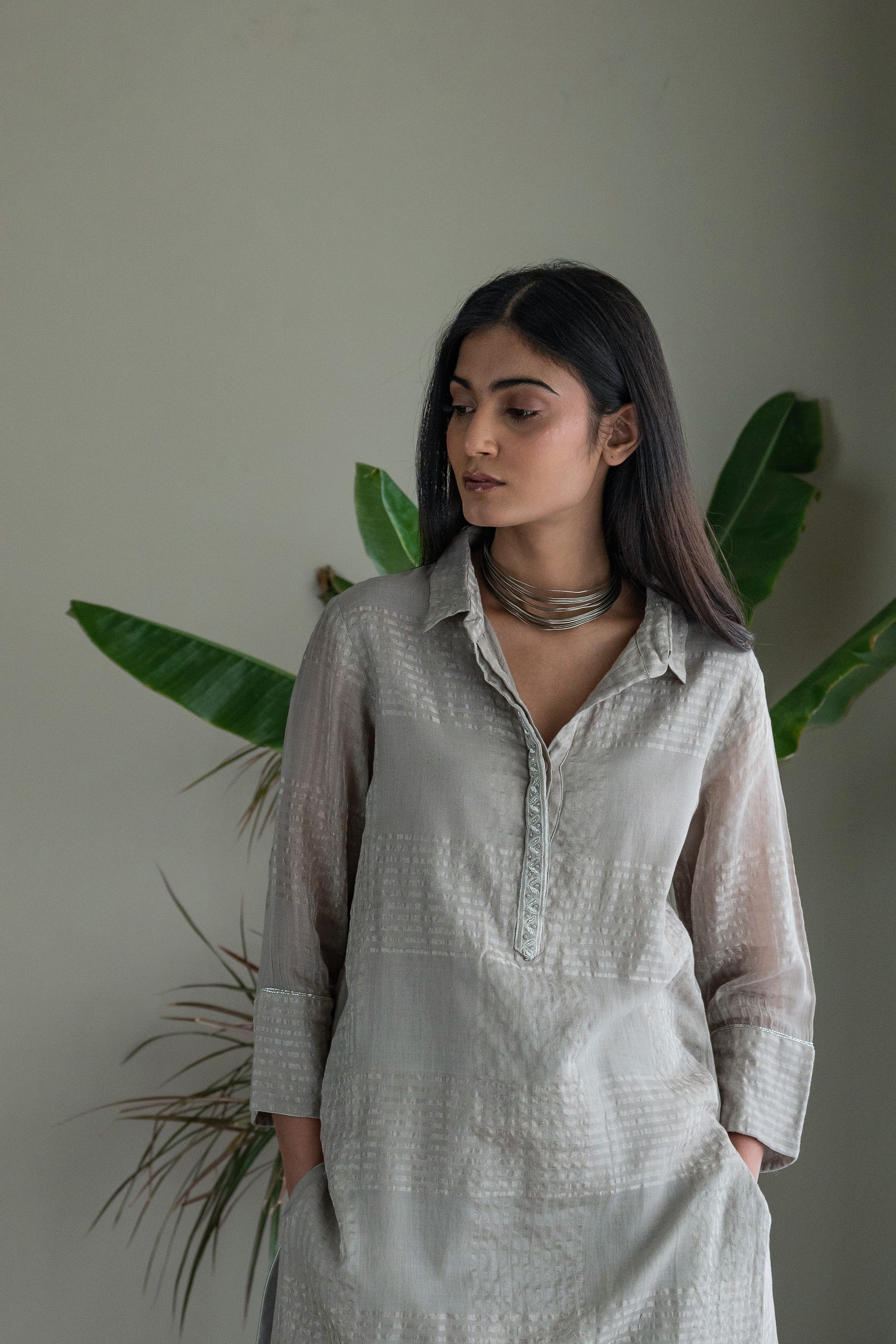 Shirt Kurta In Taupe Zari Jamdani Checks Muslin With Pants