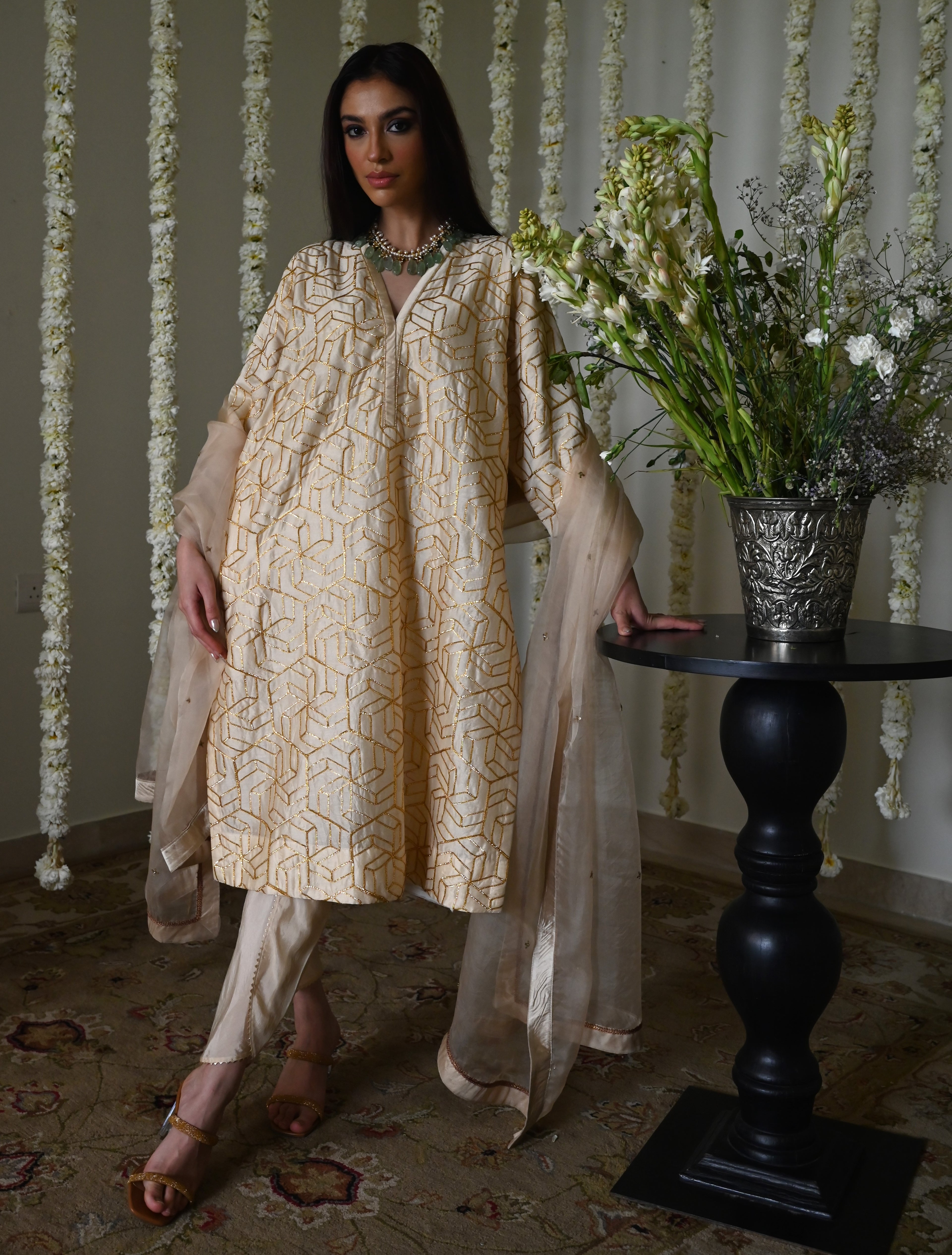 Jodhpur Kaftan in Deep Ivory Octa with Nandini Dhoti