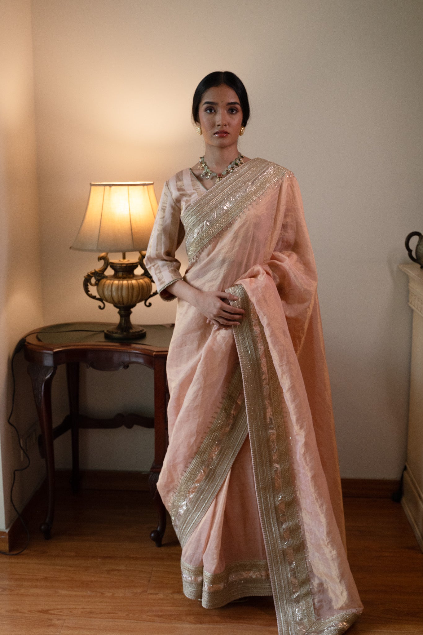 Nusrat Blouse in Ash Pink Handloom Zari stripe