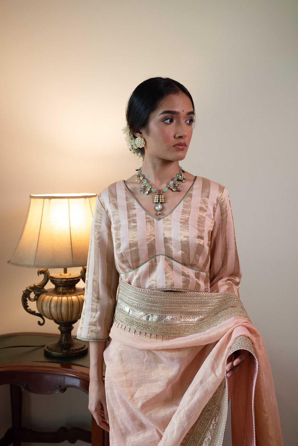 Nusrat Blouse in Ash Pink Handloom Zari stripe