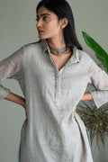Shirt Kurta In Taupe Zari Jamdani Checks Muslin With Pants