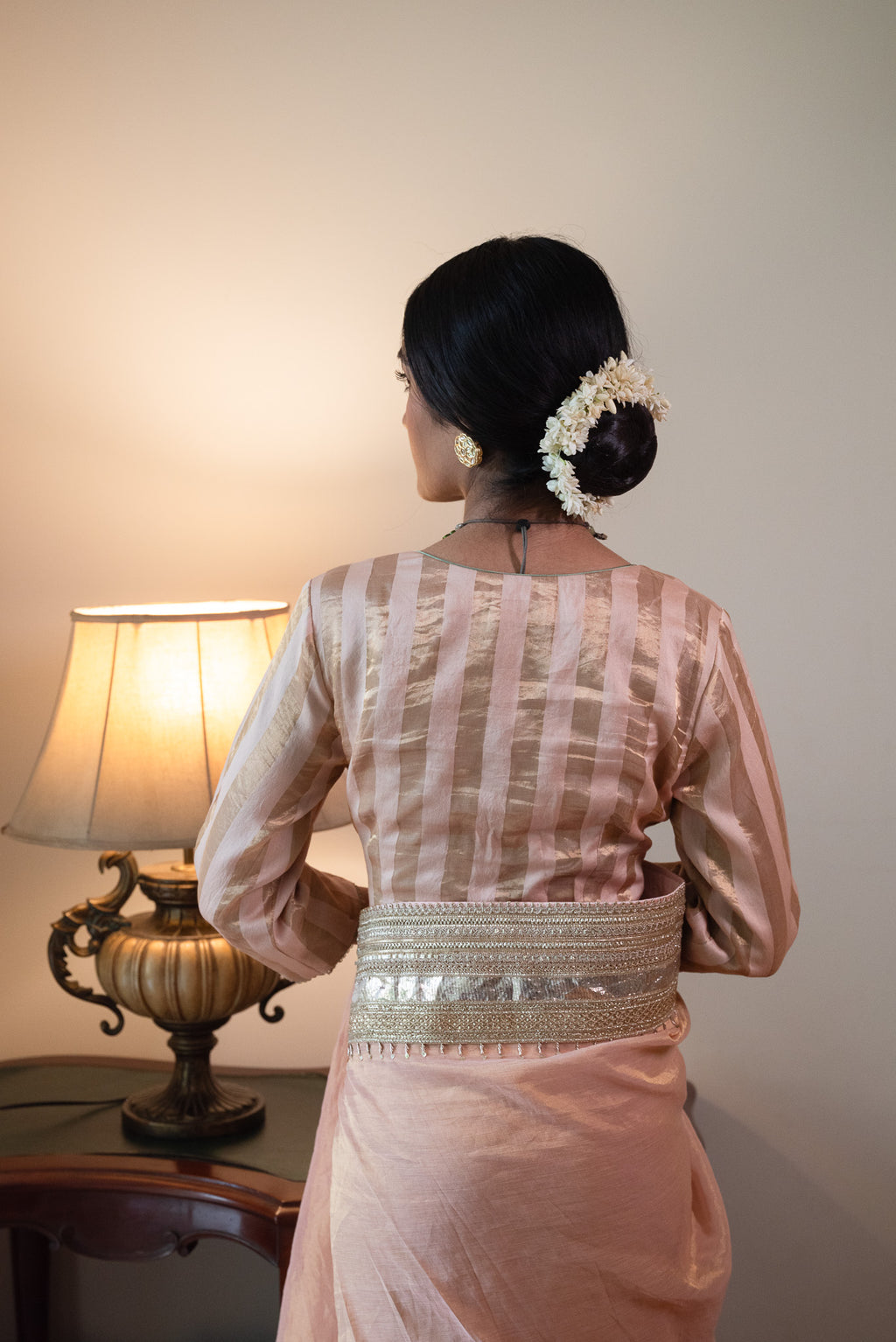 Nusrat Blouse in Ash Pink Handloom Zari stripe