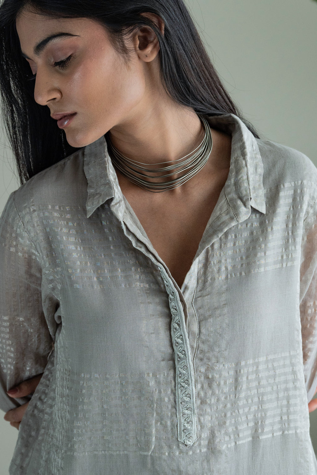 Shirt Kurta In Taupe Zari Jamdani Checks Muslin With Pants