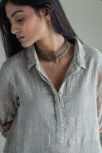 Shirt Kurta In Taupe Zari Jamdani Checks Muslin With Pants