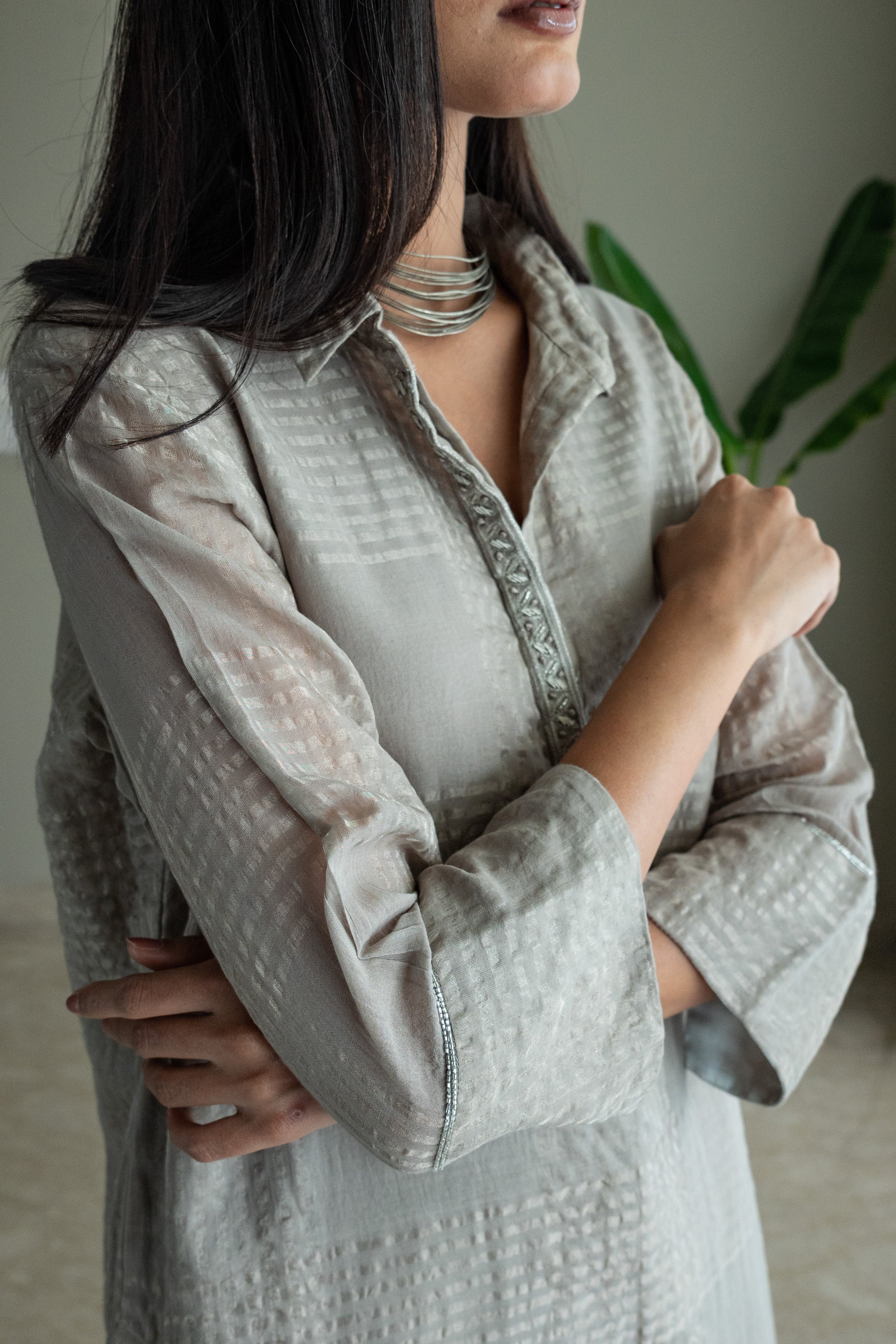 Shirt Kurta In Taupe Zari Jamdani Checks Muslin With Pants