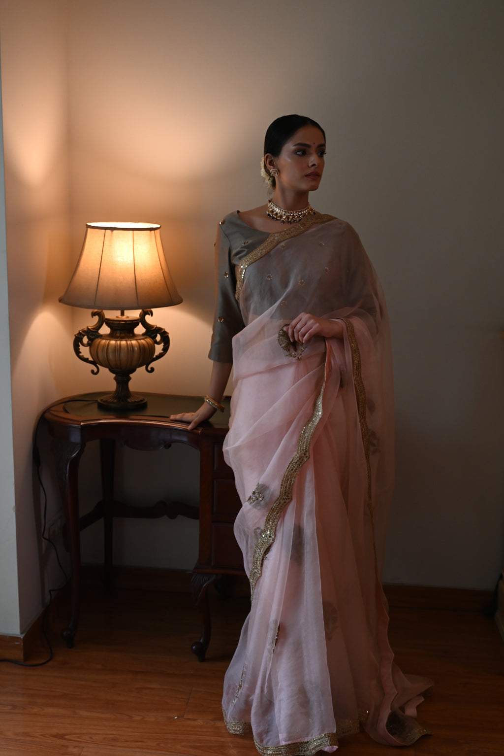 Nurjahan Organza Saree in Rose Pink