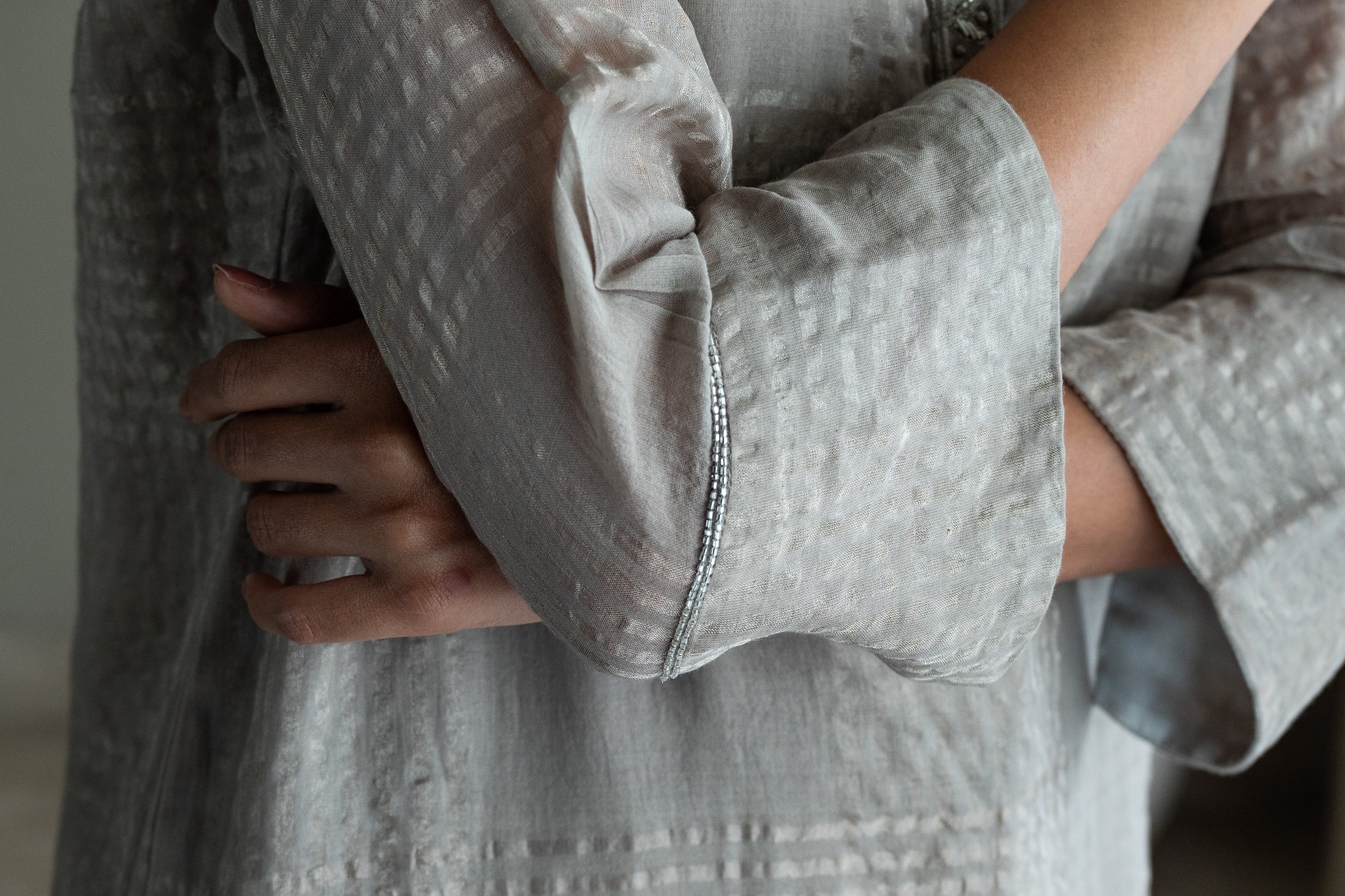 Shirt Kurta In Taupe Zari Jamdani Checks Muslin With Pants