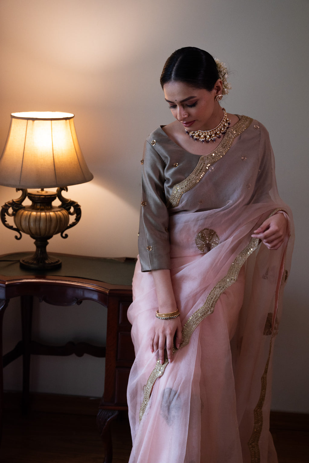 Nurjahan Organza Saree in Rose Pink