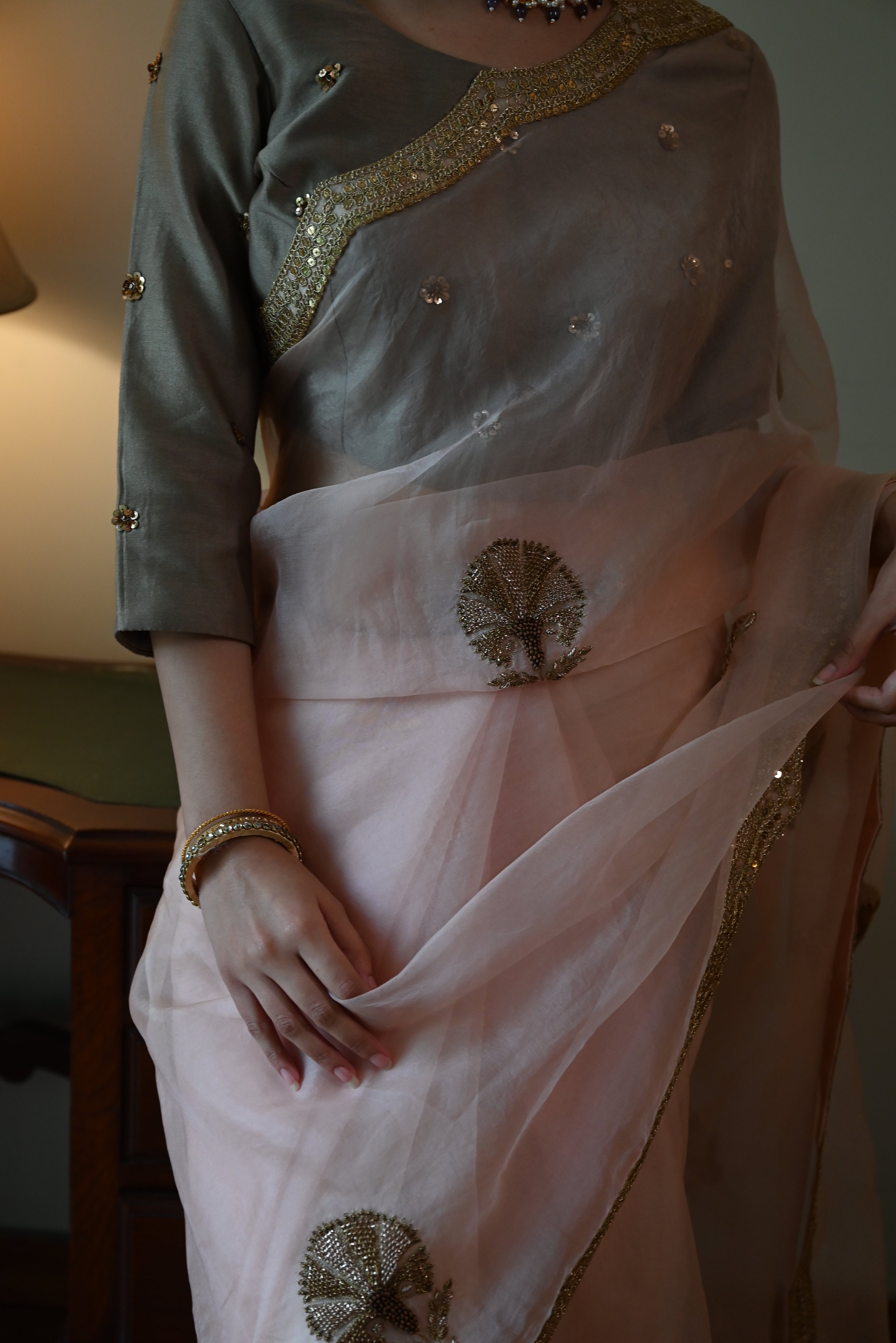 Nurjahan Organza Saree in Rose Pink