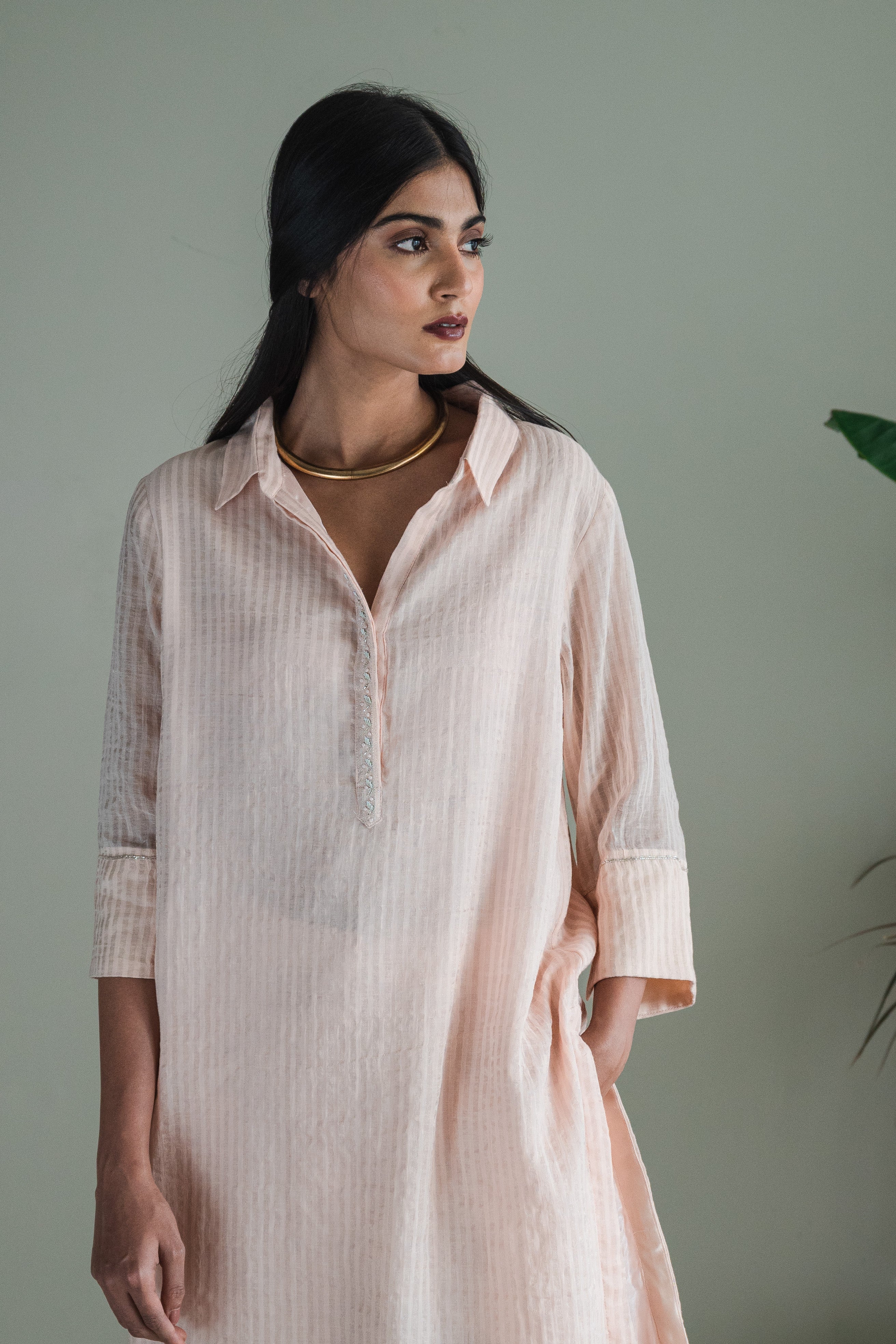 Shirt Kurta In Pink Zari Jamdani Striped Muslin With Pants
