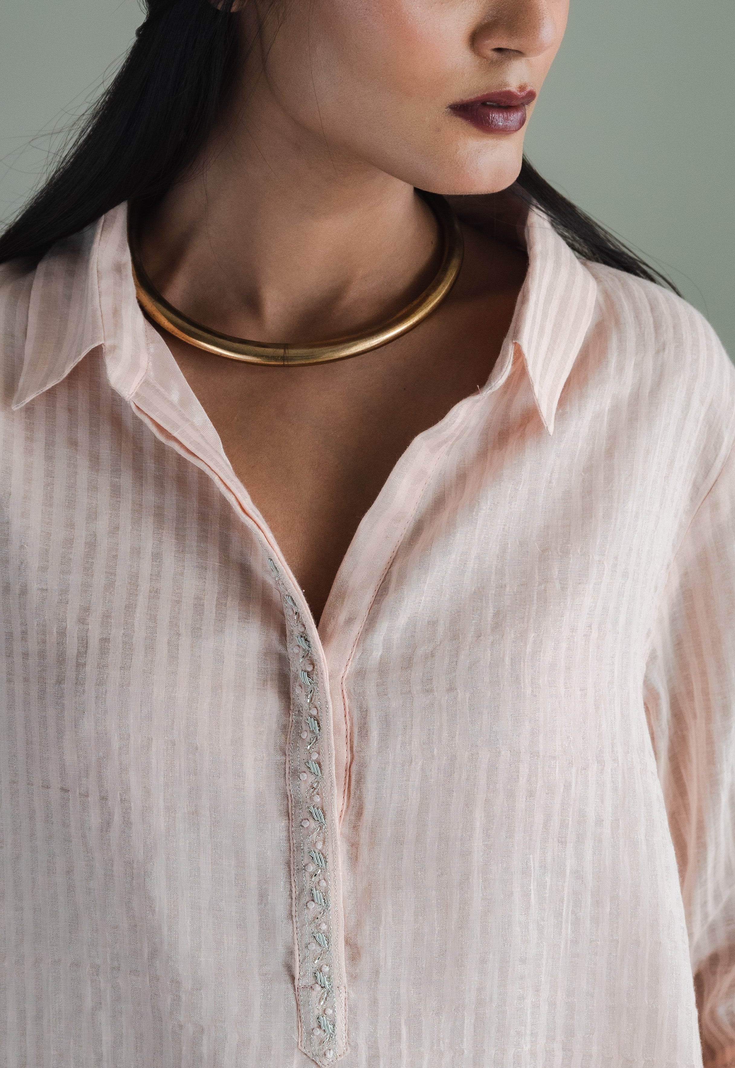 Shirt Kurta In Pink Zari Jamdani Striped Muslin With Pants