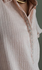 Shirt Kurta In Pink Zari Jamdani Striped Muslin With Pants