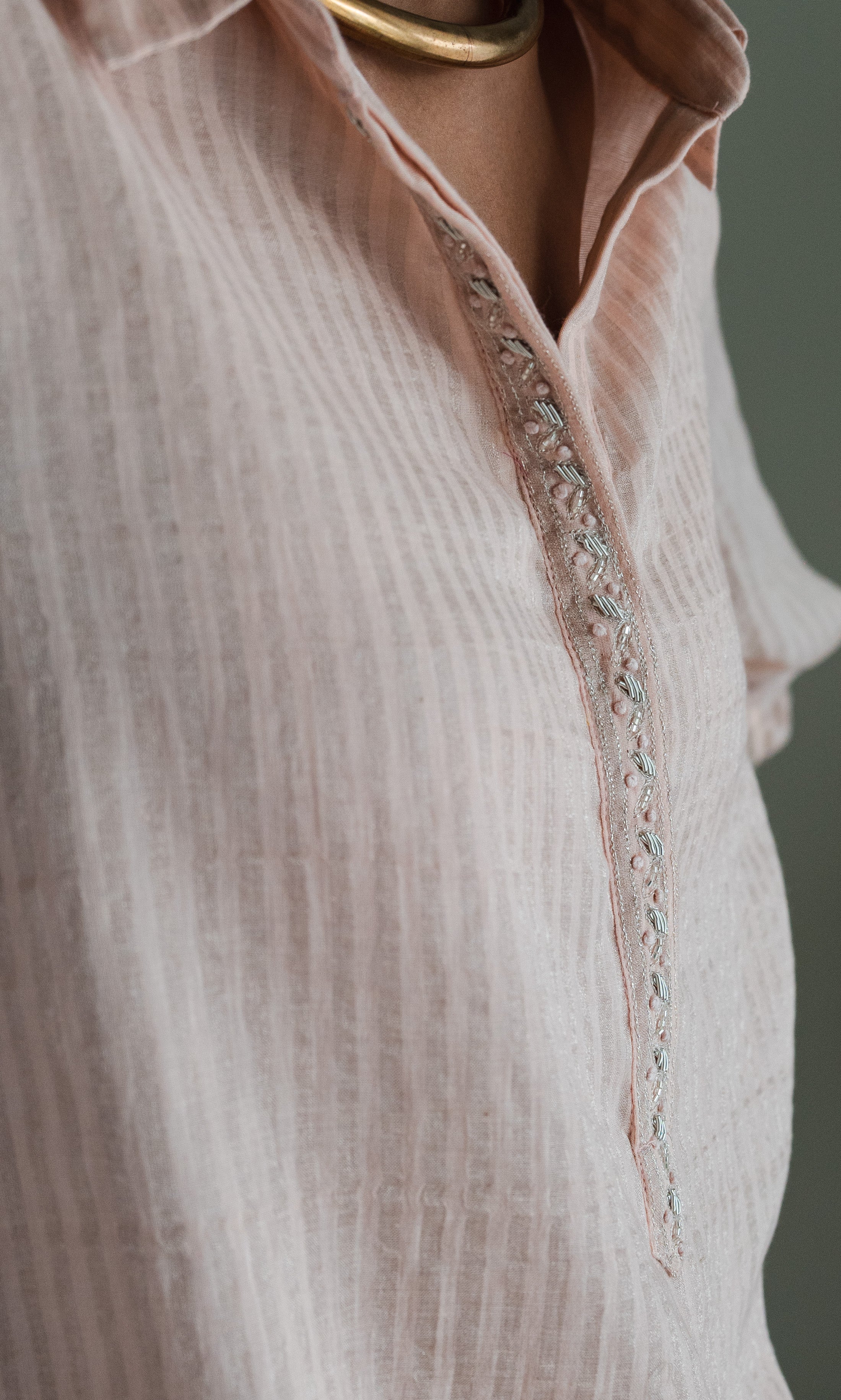 Shirt Kurta In Pink Zari Jamdani Striped Muslin With Pants