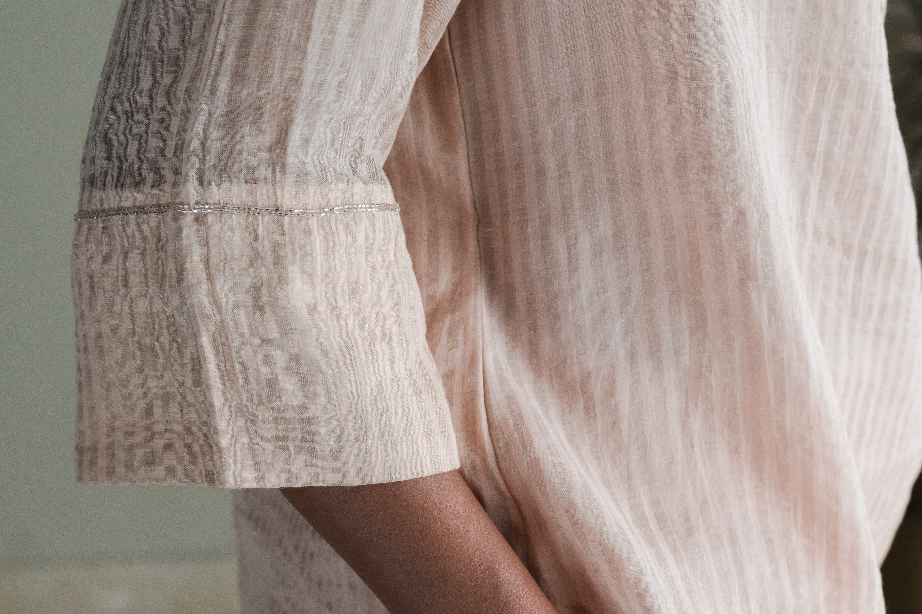 Shirt Kurta In Pink Zari Jamdani Striped Muslin With Pants