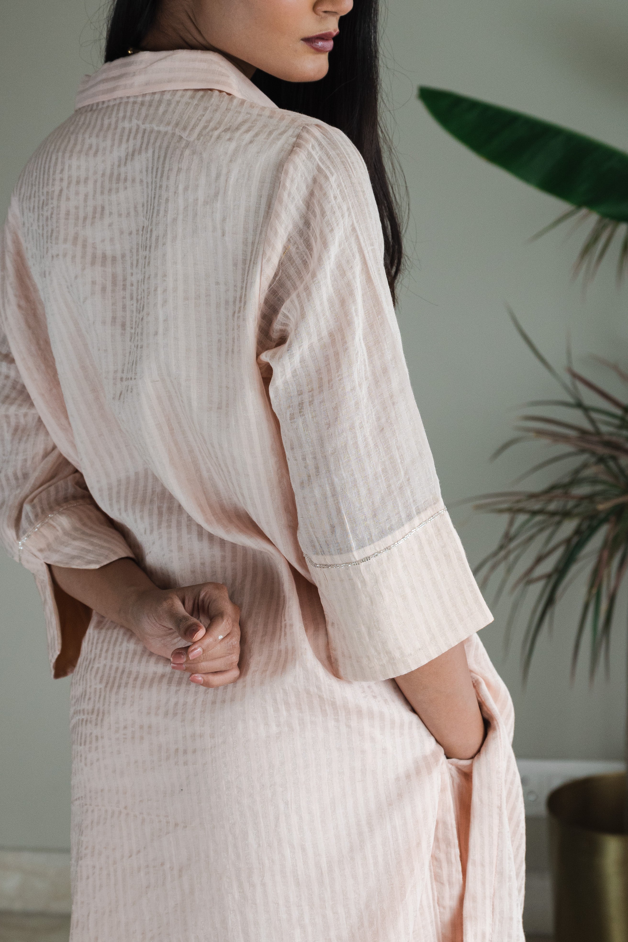 Shirt Kurta In Pink Zari Jamdani Striped Muslin With Pants