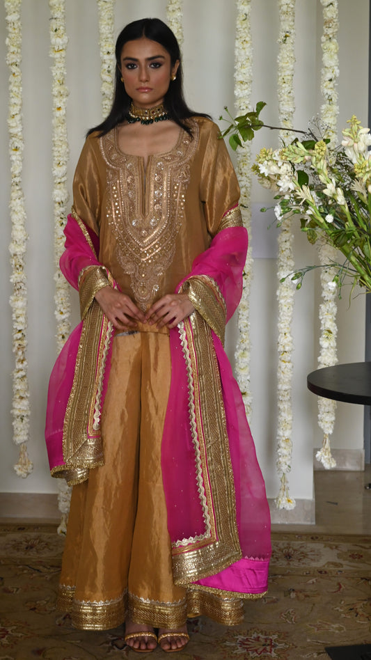 Begum kurta in Antique Gold Tissue with Tissue Garara