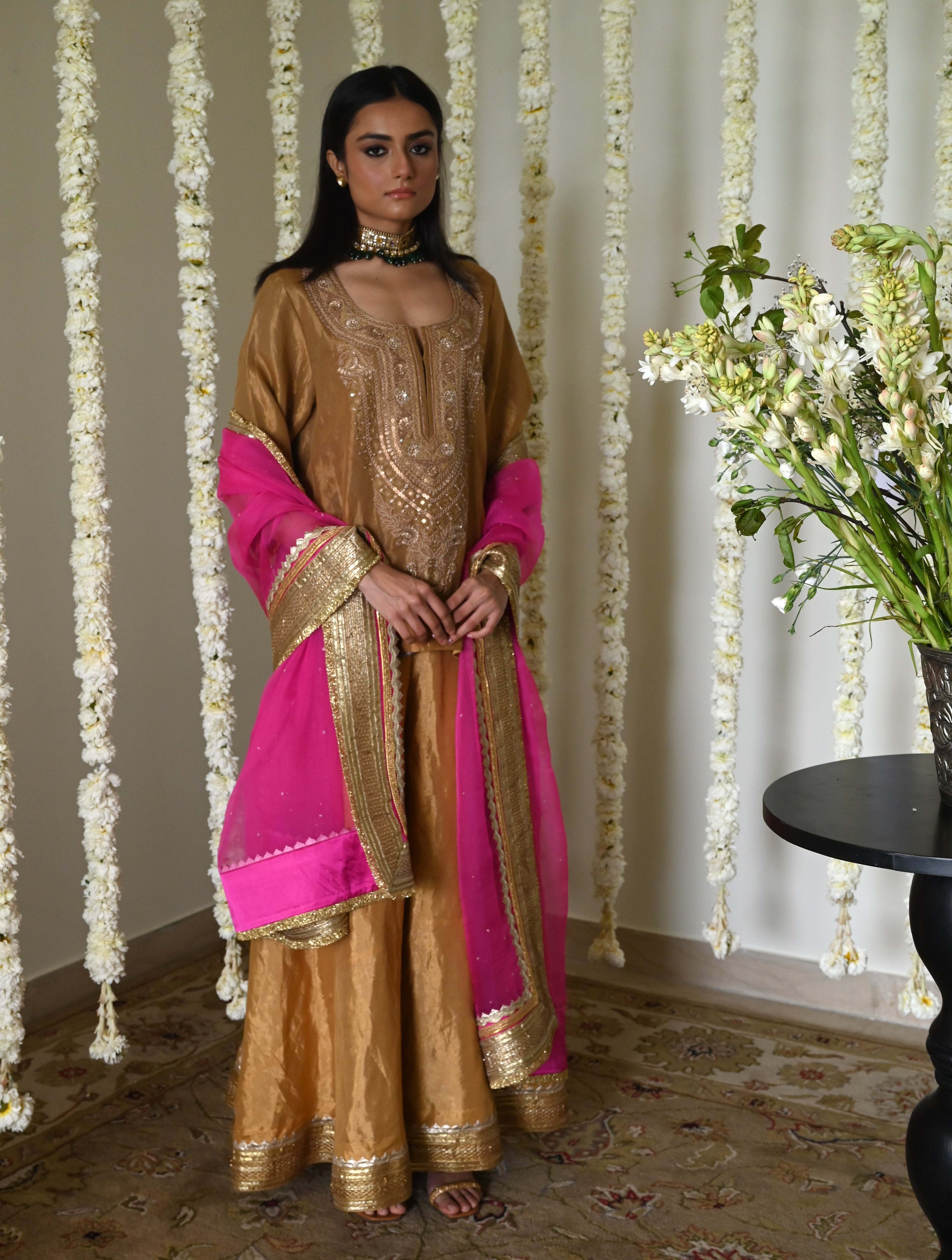 Begum kurta in Antique Gold Tissue with Tissue Garara