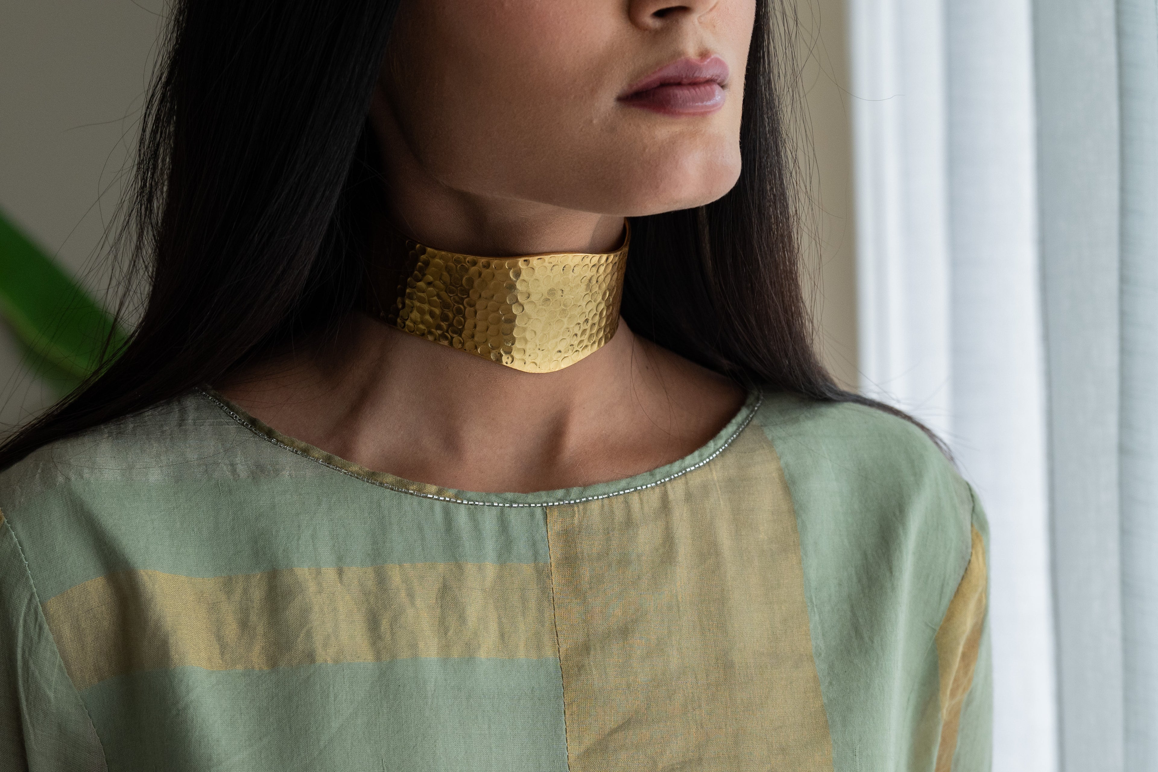 Hk Kurta In Green Zari Jamdani Striped Muslin With Pants