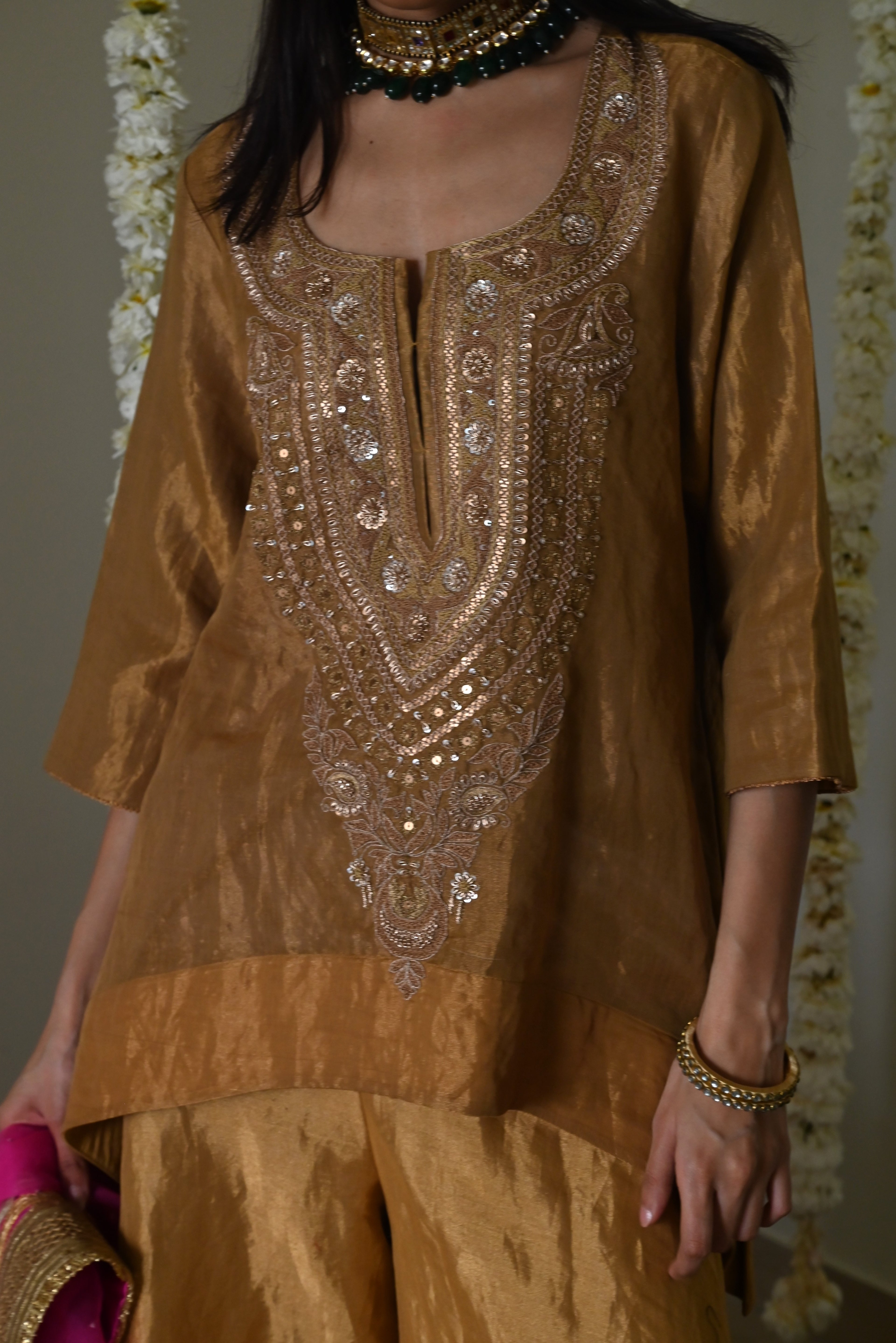 Begum kurta in Antique Gold Tissue with Tissue Garara