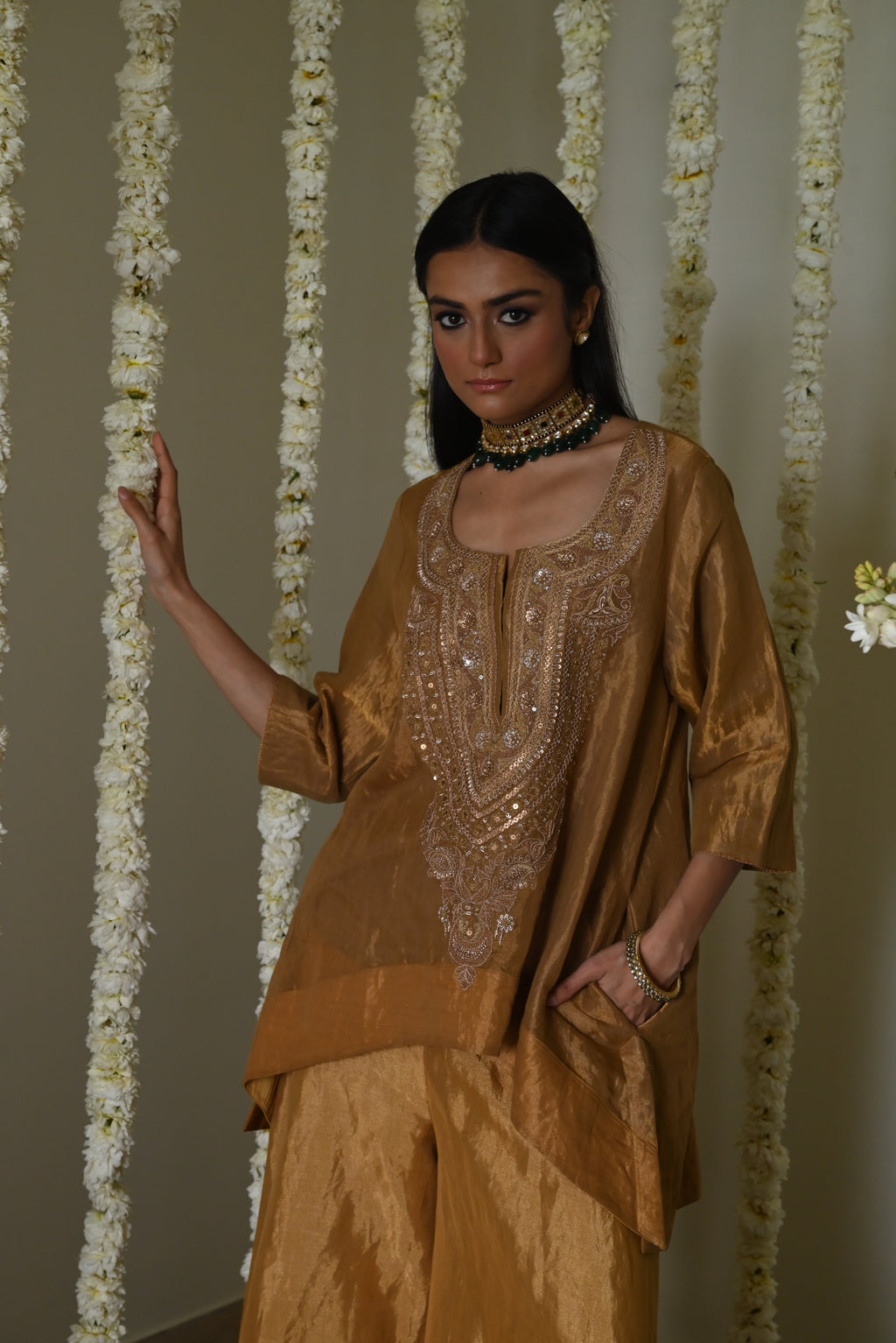 Begum kurta in Antique Gold Tissue with Tissue Garara