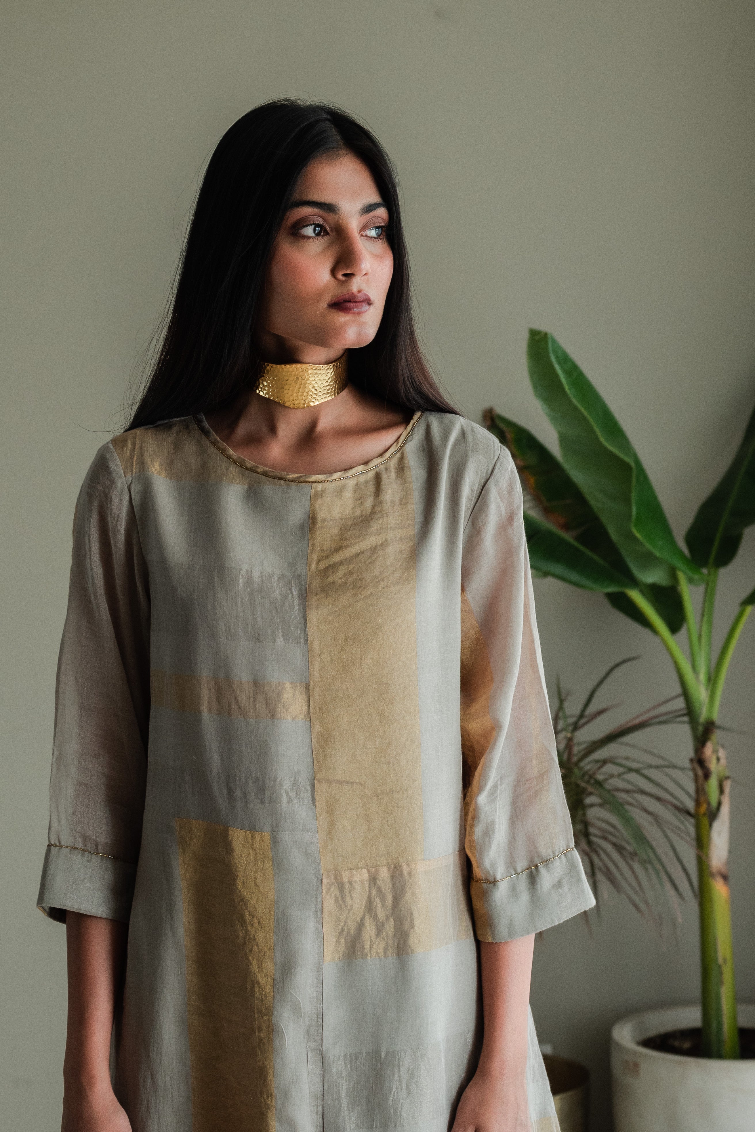 Hk Kurta In Taupe Zari Jamdani Striped Muslin With Pants
