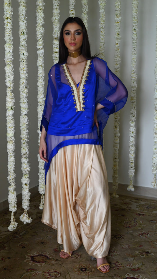 Short Waheeda Kaftan in Royal Blue with Deep Ivory Cowl Palazoo