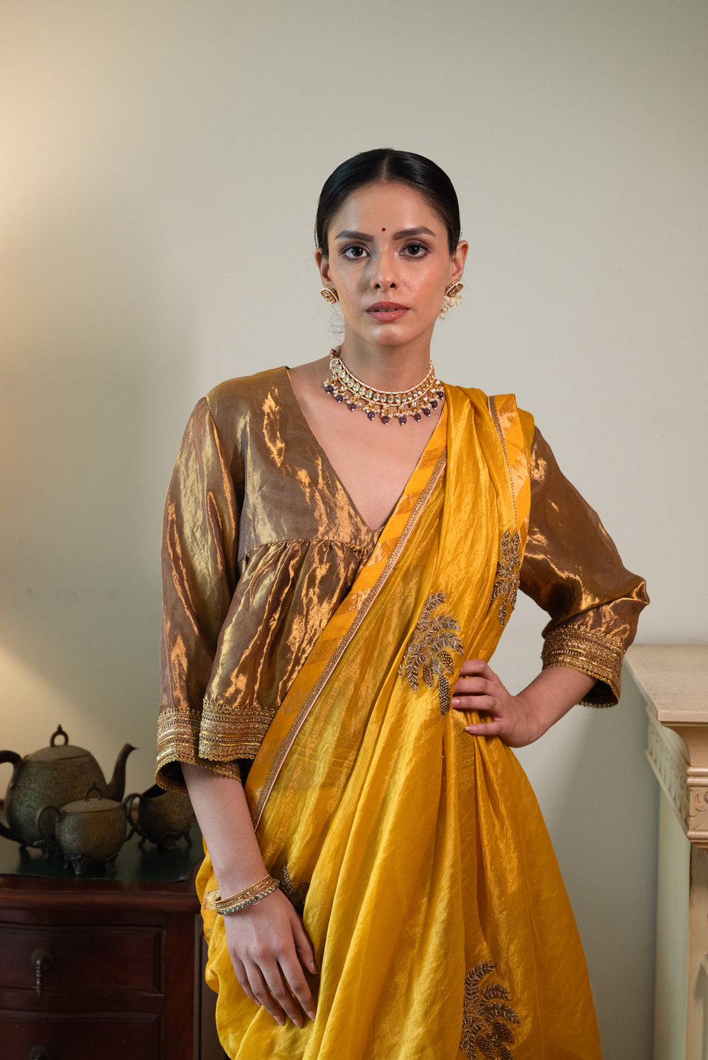 Dilnaz Choli Blouse in Gold Tissue