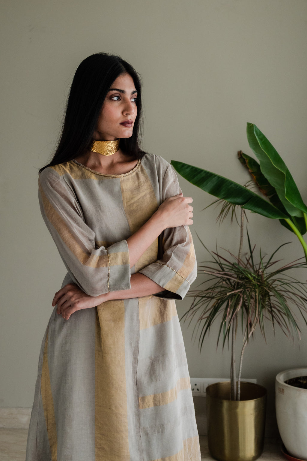 Hk Kurta In Taupe Zari Jamdani Striped Muslin With Pants