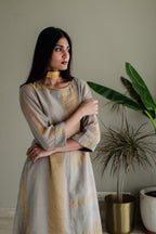 Hk Kurta In Taupe Zari Jamdani Striped Muslin With Pants