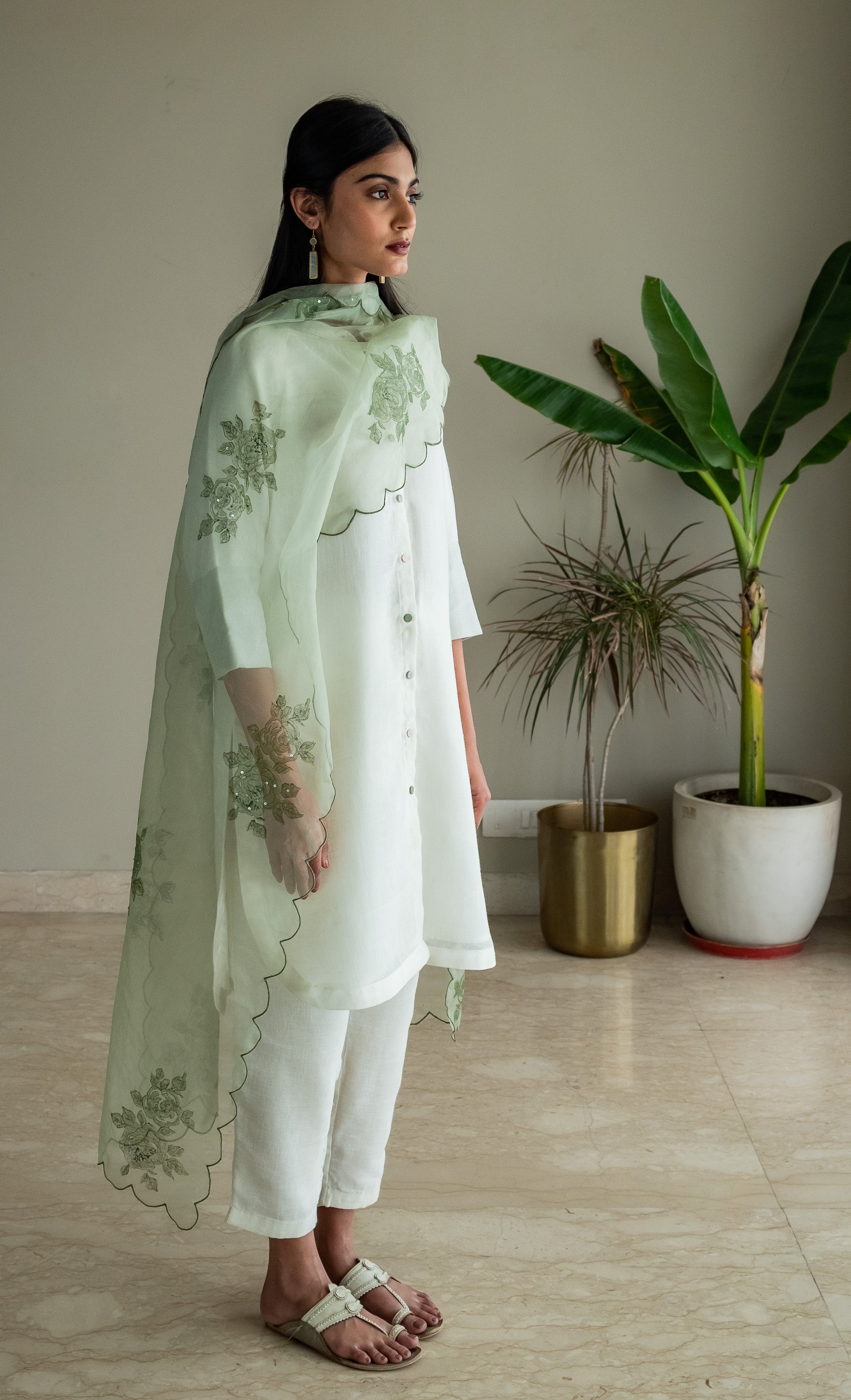 Mandarin Shirt Kurta In Ivory Linen With Pants