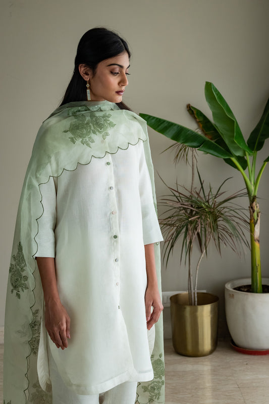 Mandarin Shirt Kurta In Ivory Linen With Pants