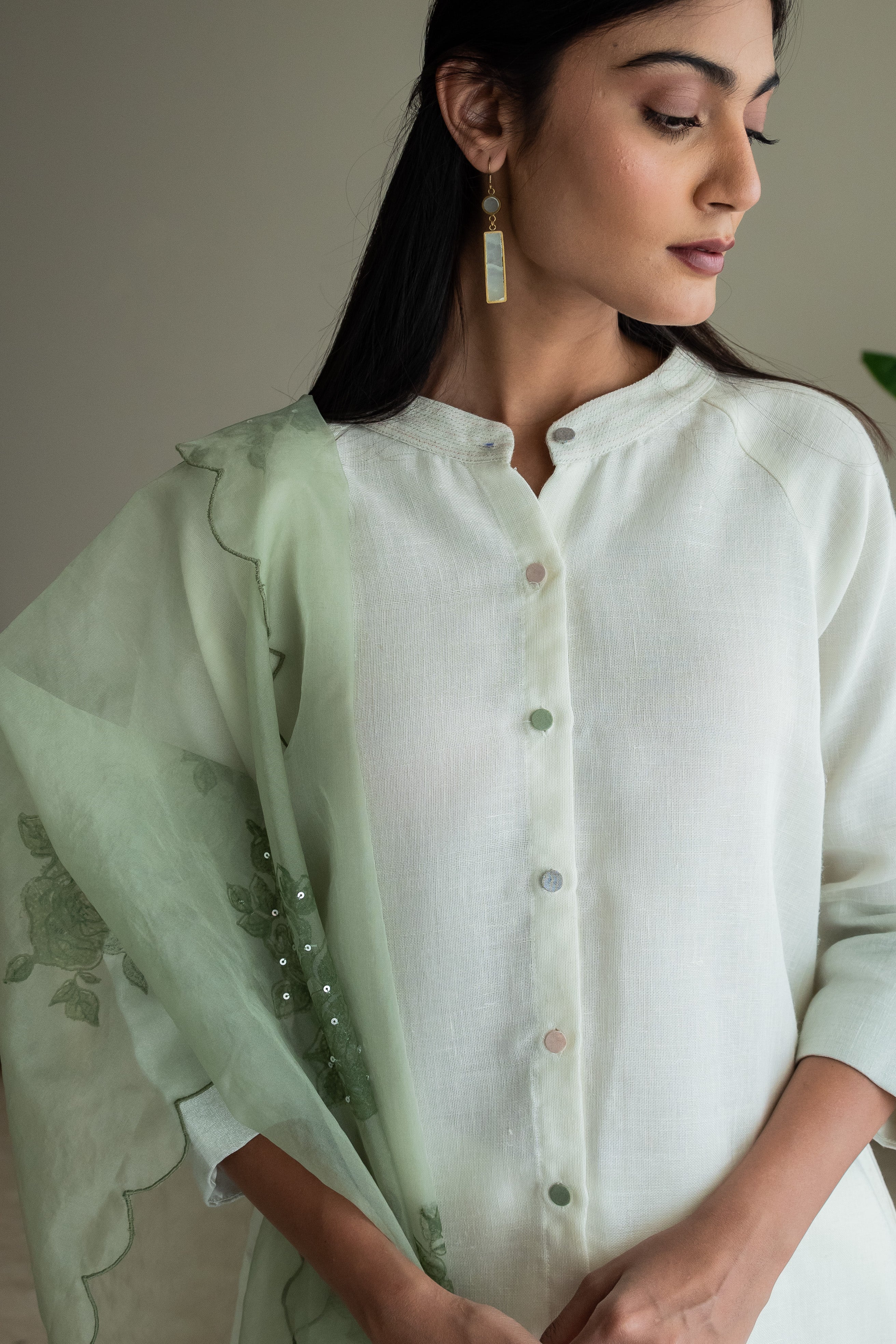 Mandarin Shirt Kurta In Ivory Linen With Pants