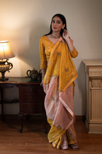 Chinaar Diagonal Saree in Pink & Yellow Tissue