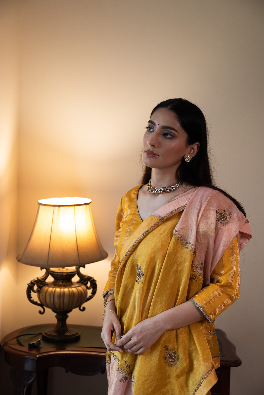 Chinaar Diagonal Saree in Pink & Yellow Tissue